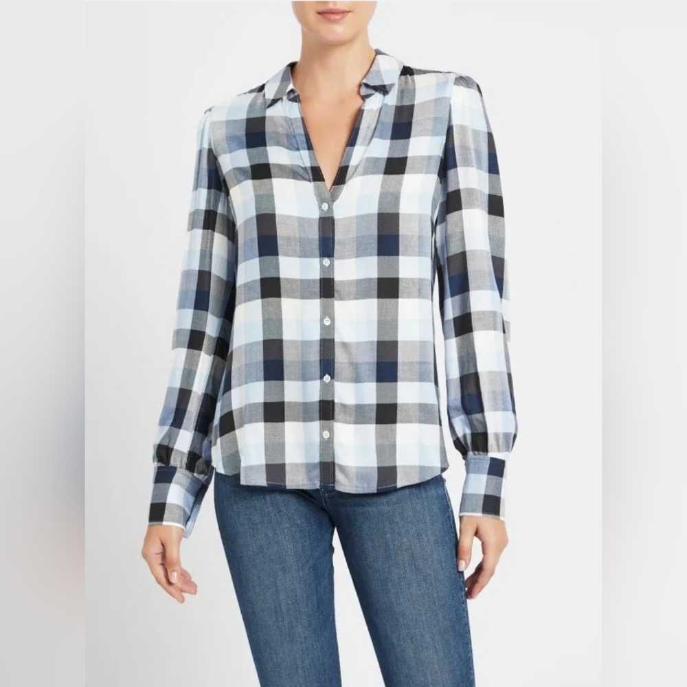 NWT Paige Viscose Enid Blue Plaid V-Neck Button Up Shirt
